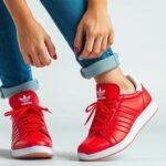 Woman wearing red adidas shoes with casual jeans outfit