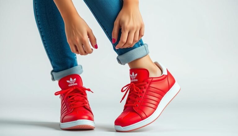 Woman wearing red adidas shoes with casual jeans outfit