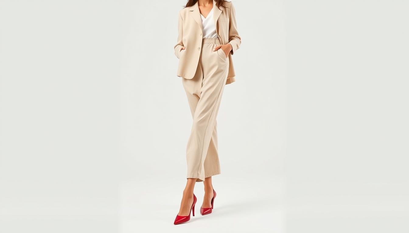 Woman wearing red shoes with a neutral outfit