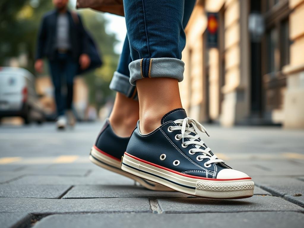 Woman wearing retro-style tennis shoes with a casual outfit