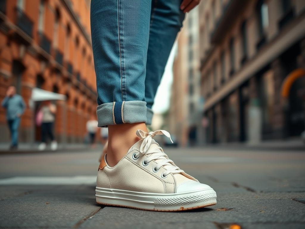 Woman wearing retro tennis shoes with cuffed jeans