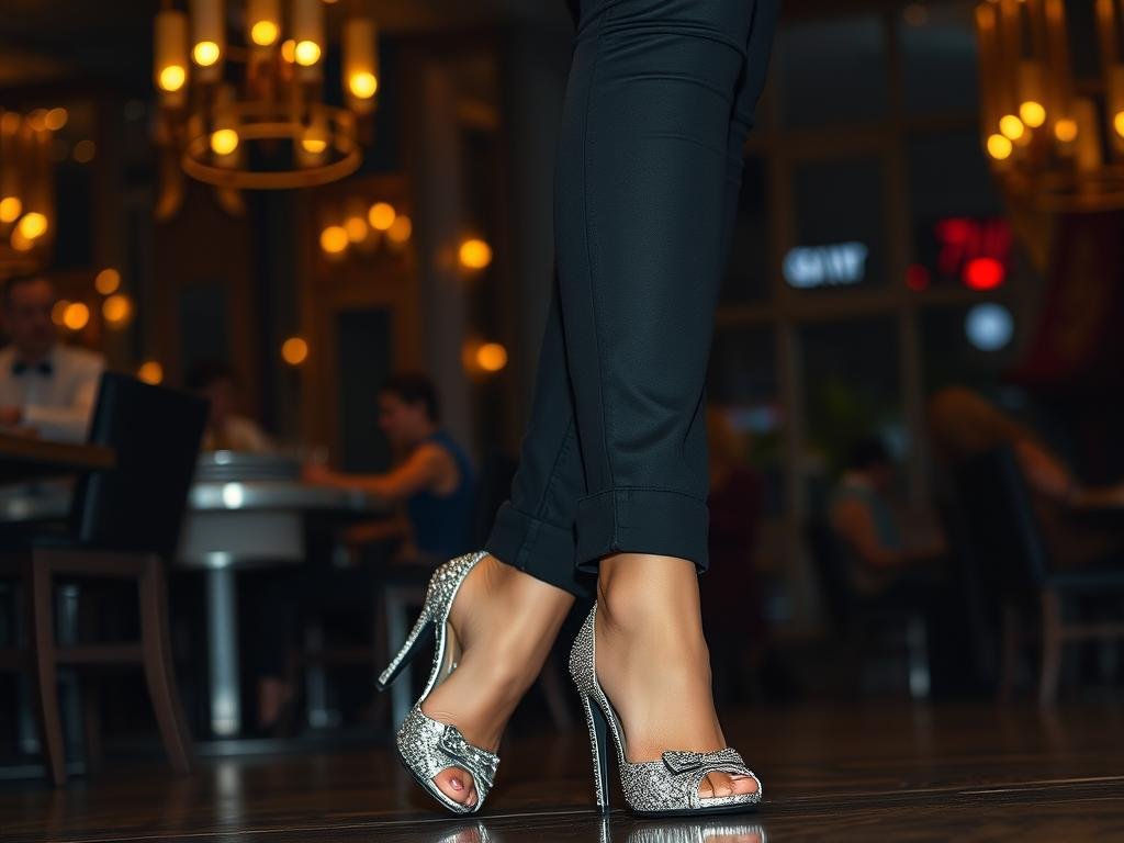 Woman wearing sparkly mary jane shoes with black skinny jeans and a silk camisole