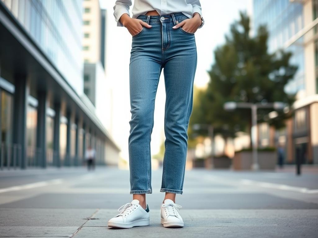 Woman wearing straight leg jeans with classic white tennis shoes for a timeless look