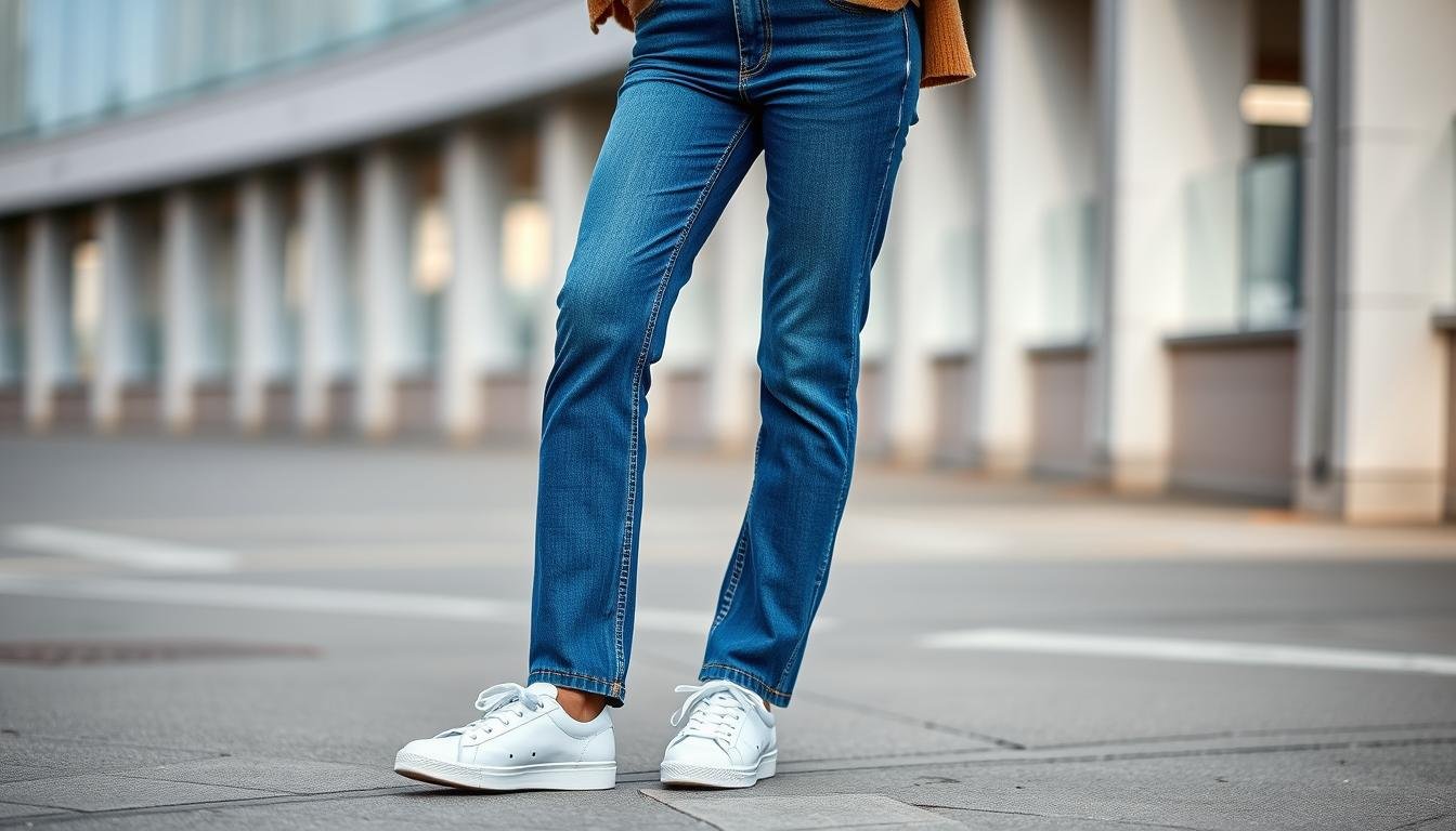 Woman wearing straight leg jeans with white tennis shoes, demonstrating perfect proportion balance
