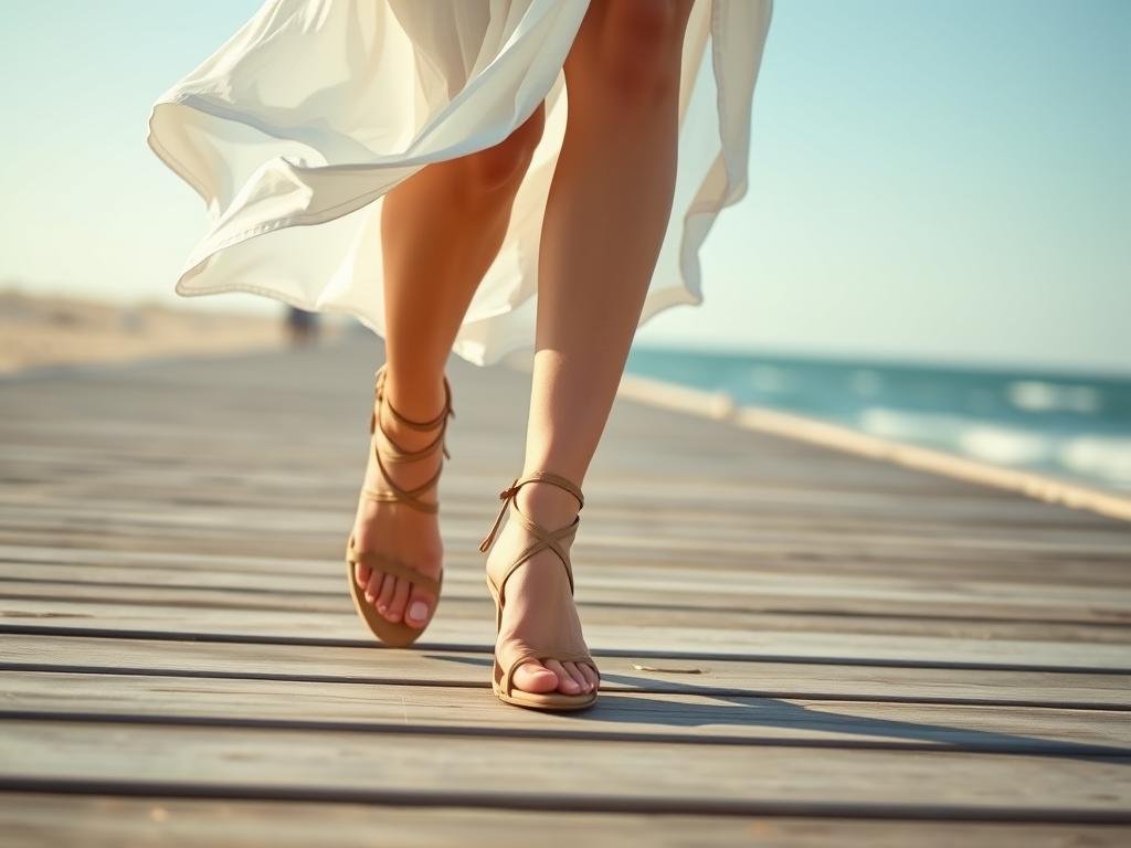 Woman wearing strappy summer sandals with a flowy dress