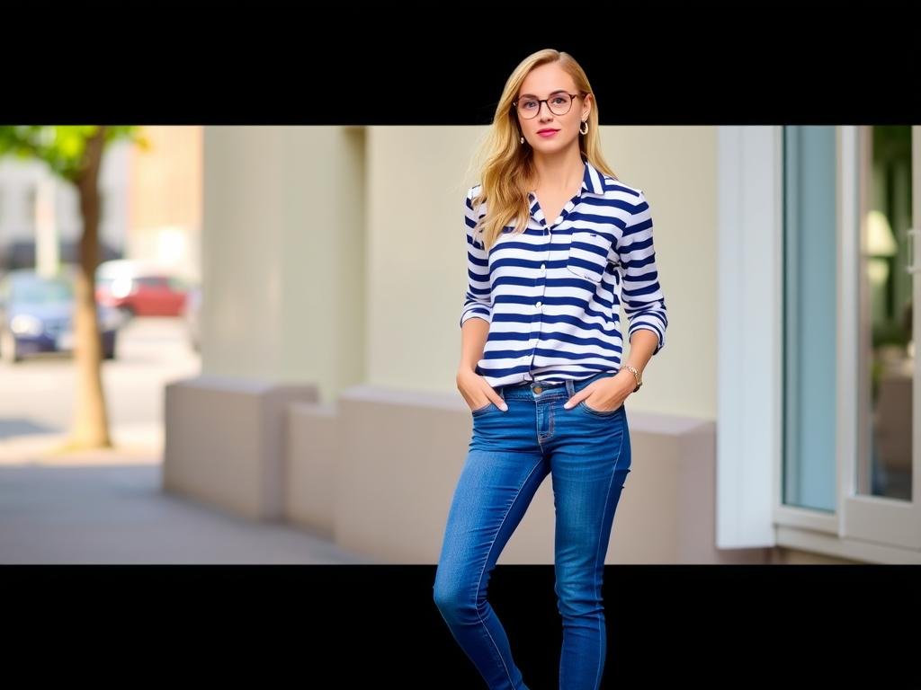 Woman wearing striped shirt and jeans with red loafers