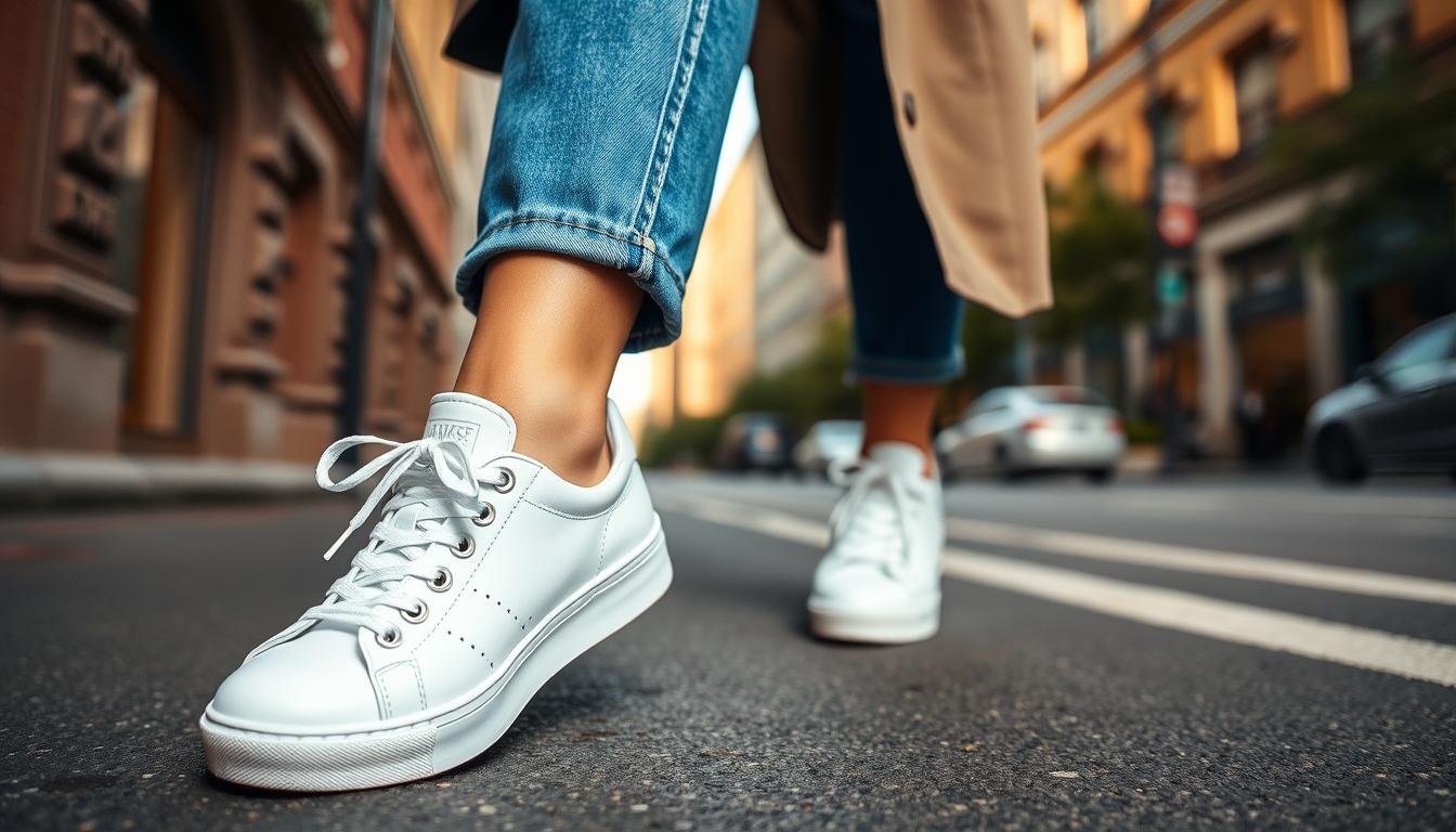 Woman wearing stylish outfit with white tennis shoes and jeans