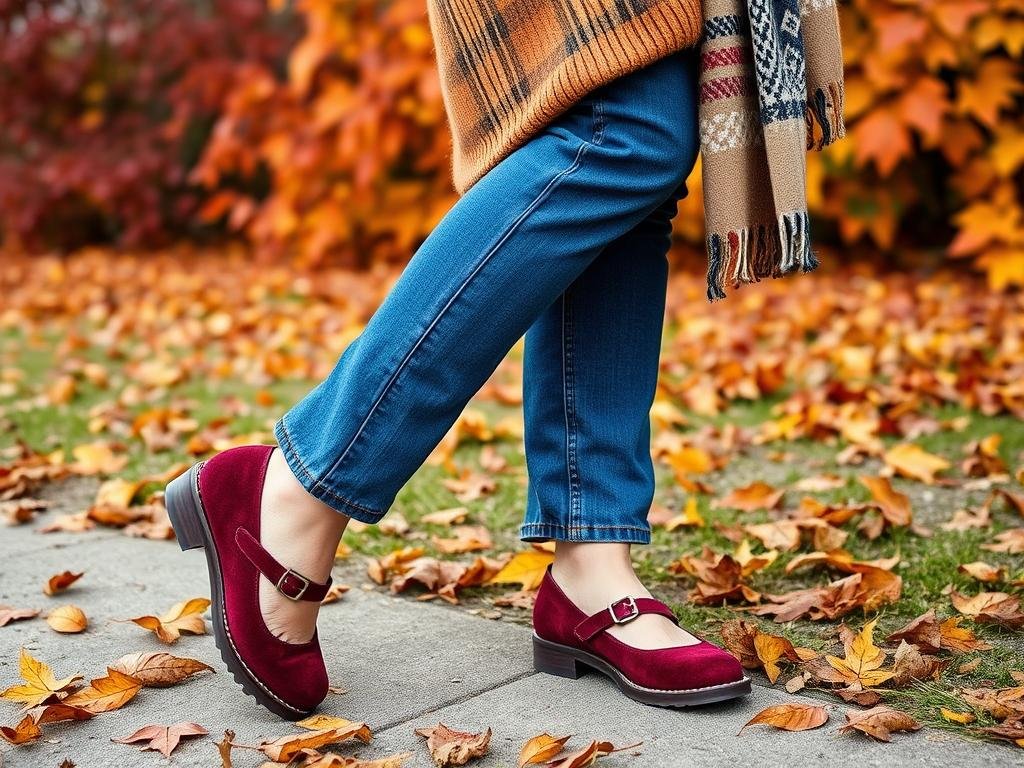 Woman wearing suede mary jane shoes with medium wash jeans and a cozy sweater