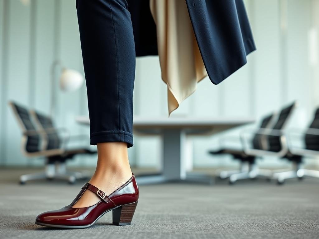 Woman wearing t-strap mary jane shoes with trouser jeans and a blazer