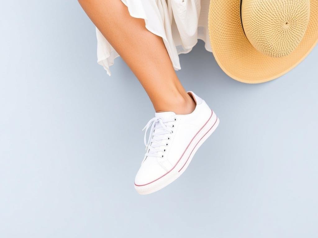 Woman wearing tennis shoes with denim shorts and a light summer top