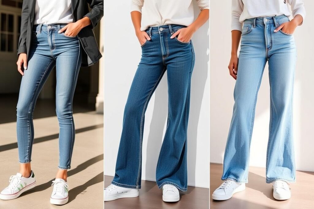 Woman wearing tennis shoes with different styles of jeans