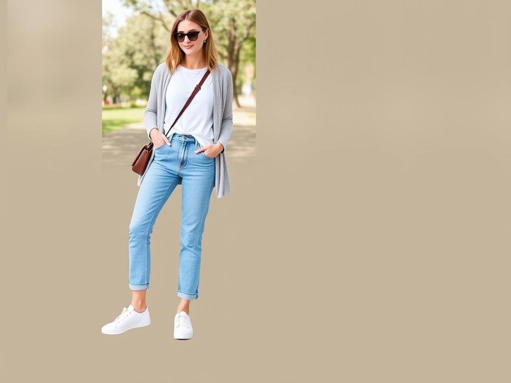 Woman wearing tennis shoes with jeans and a casual t-shirt for a weekend look