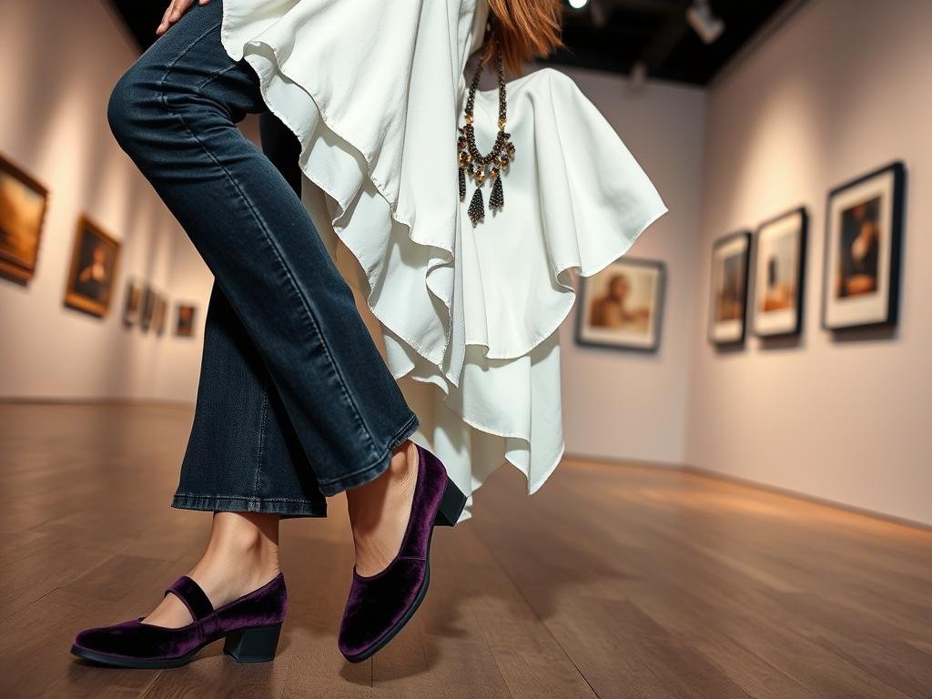 Woman wearing velvet mary jane shoes with cropped flare jeans and an artistic top