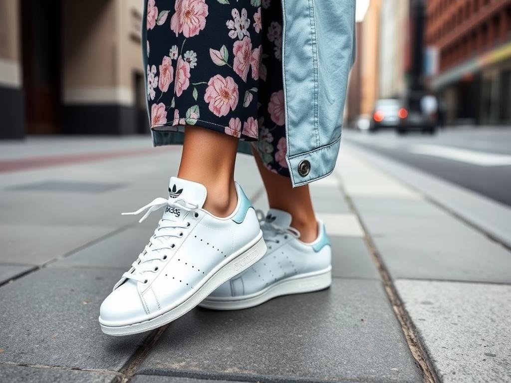 Woman wearing white Adidas Stan Smiths with a midi dress and denim jacket