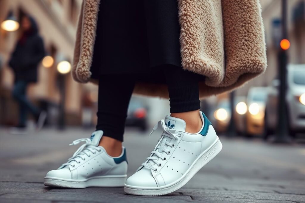 Woman wearing white Adidas Stan Smiths with a sweater dress and teddy coat for a winter adidas shoes women outfit