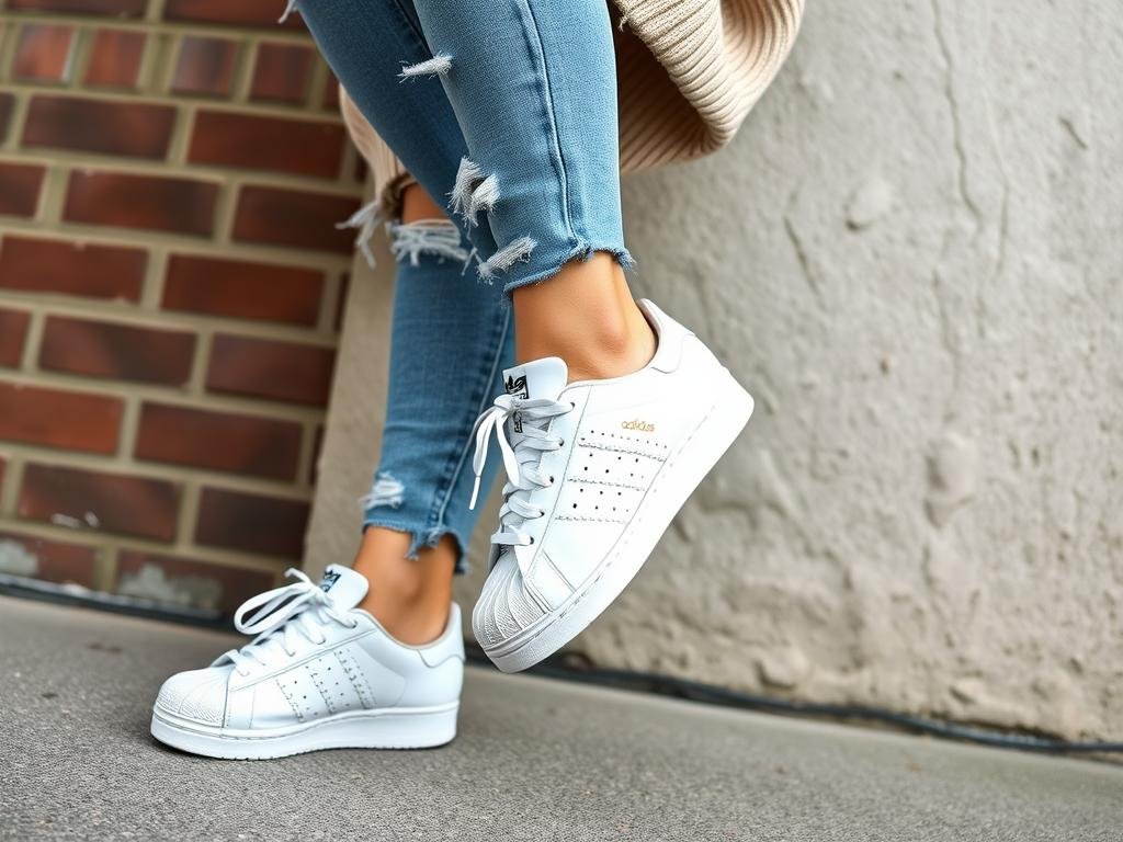 Woman wearing white Adidas Superstars with distressed jeans and an oversized sweater