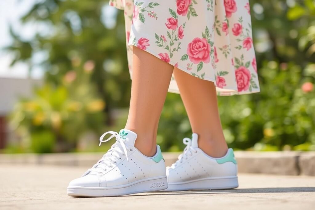 Woman wearing white Adidas sneakers with a summer dress for a casual adidas shoes women outfit