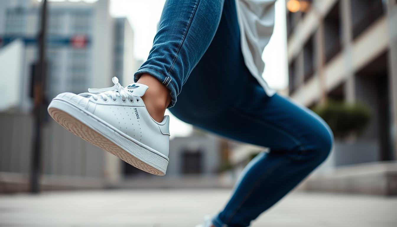 Woman wearing white Adidas sneakers with jeans and a casual top, showcasing a stylish adidas shoes women outfit