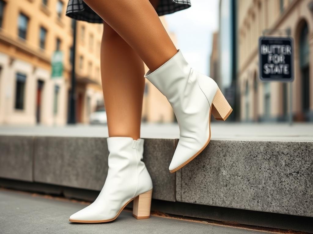 Woman wearing white ankle boots with a stylish outfit for a trendy white shoes outfit