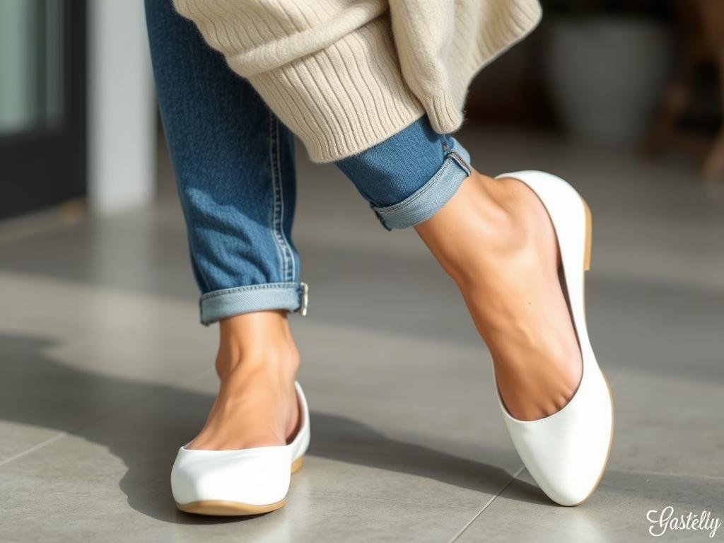Woman wearing white ballet flats with jeans and a casual top for weekend style