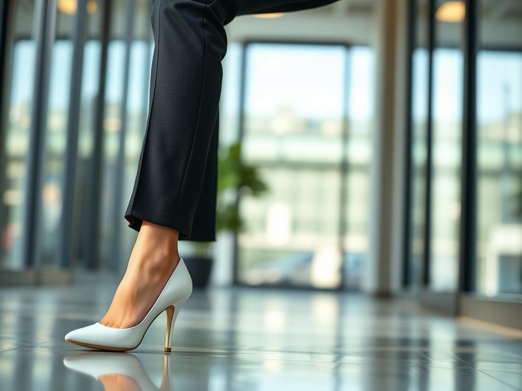 Woman wearing white heels with a professional pantsuit for a business white shoes outfit