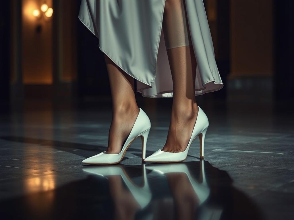 Woman wearing white heels with an elegant evening dress for a formal event