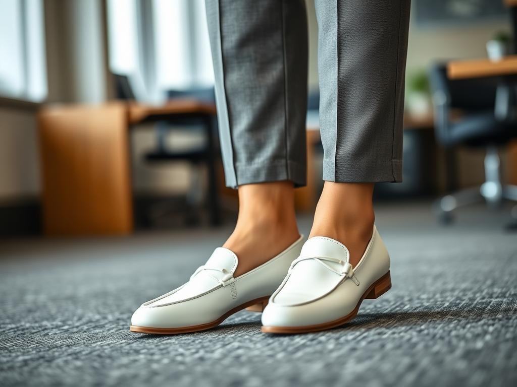 Woman wearing white loafers with tailored pants and a blouse for a work-appropriate white shoes outfit