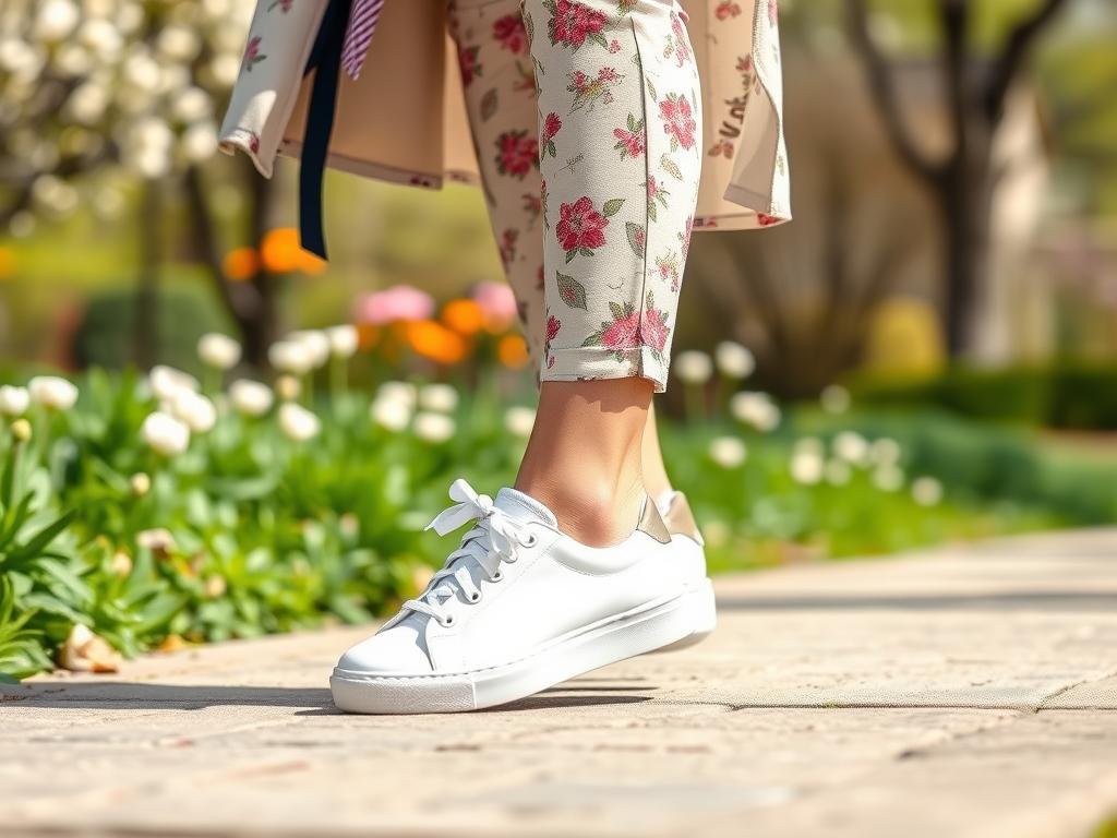 Woman wearing white shoes with spring attire including floral patterns and light layers