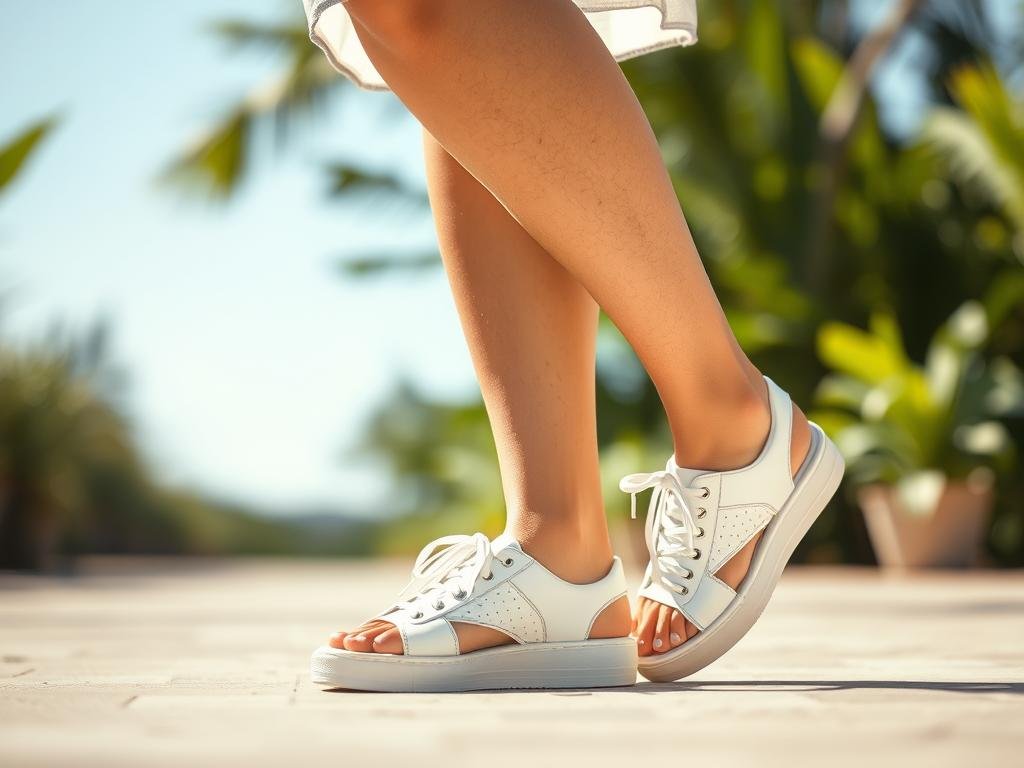 Woman wearing white shoes with summer attire including shorts and light fabrics