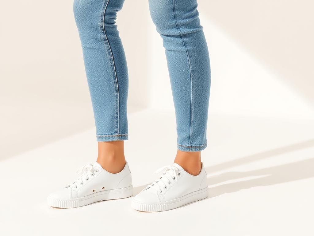 Woman wearing white sneakers with blue jeans and a simple white t-shirt for a classic white shoes outfit