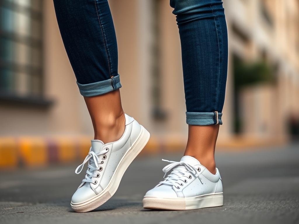 Woman wearing white sneakers with casual jeans and t-shirt outfit