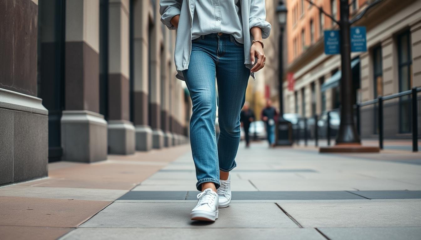 Woman wearing white tennis shoes with a casual outfit walking on a city street