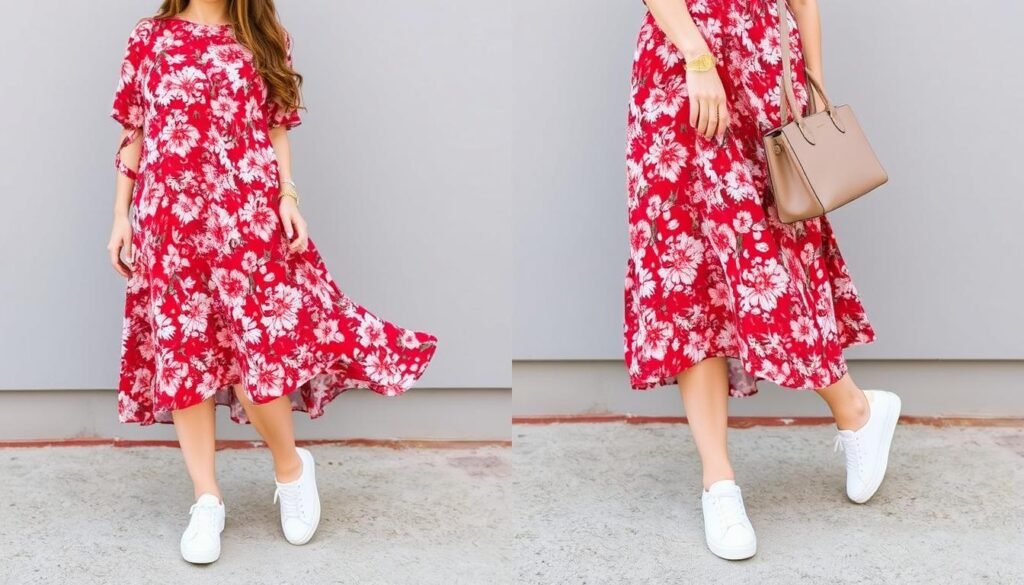 Woman wearing white tennis shoes with a midi dress for an elevated casual look