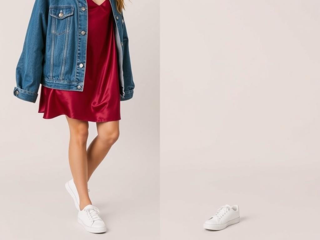 Woman wearing white tennis shoes with a slip dress and denim jacket
