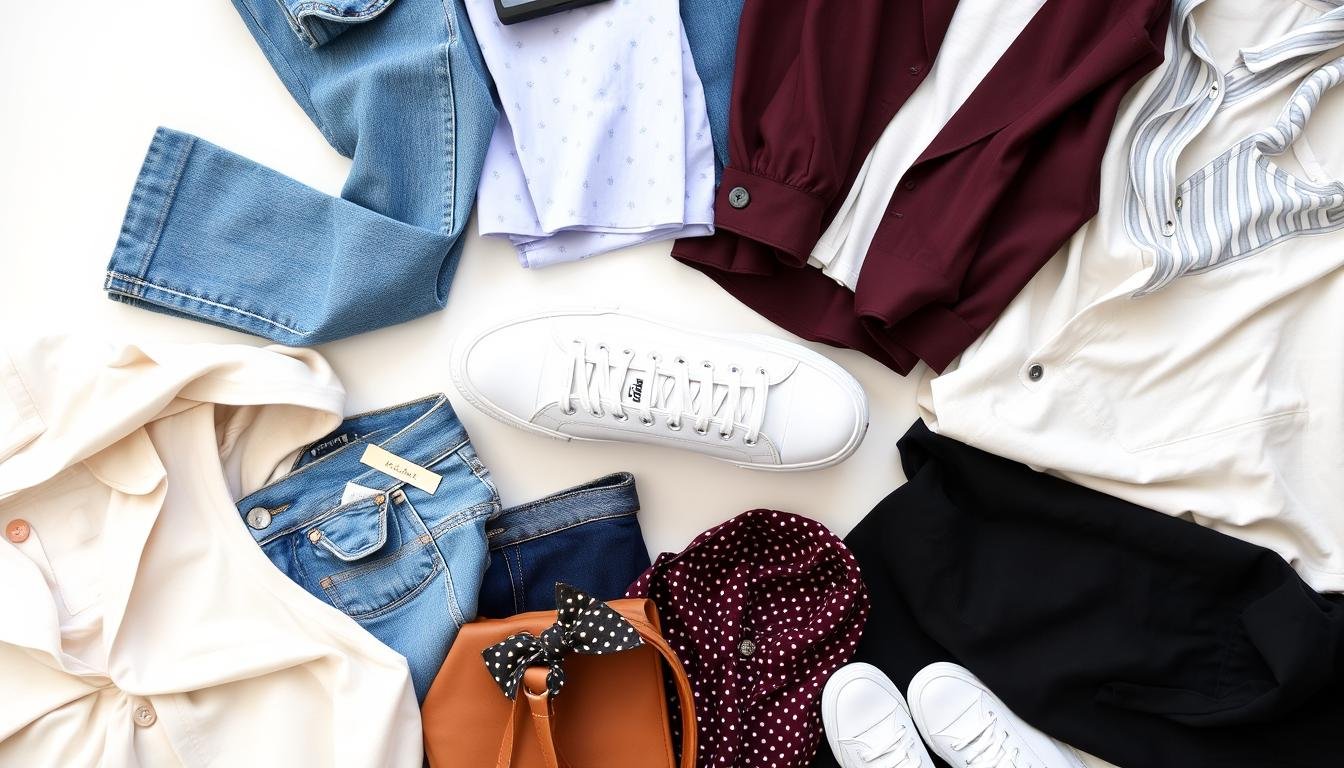 Woman wearing white tennis shoes with different outfits showing versatility