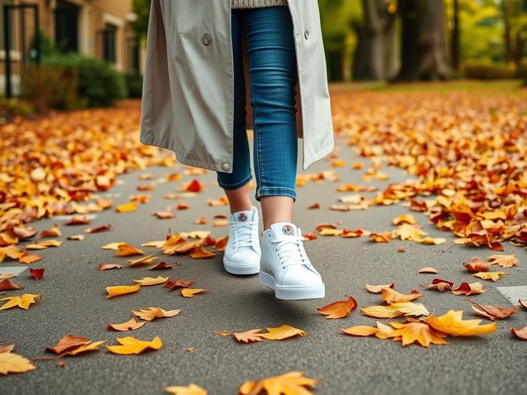 Woman wearing white tennis shoes with fall outfit including sweater and jeans