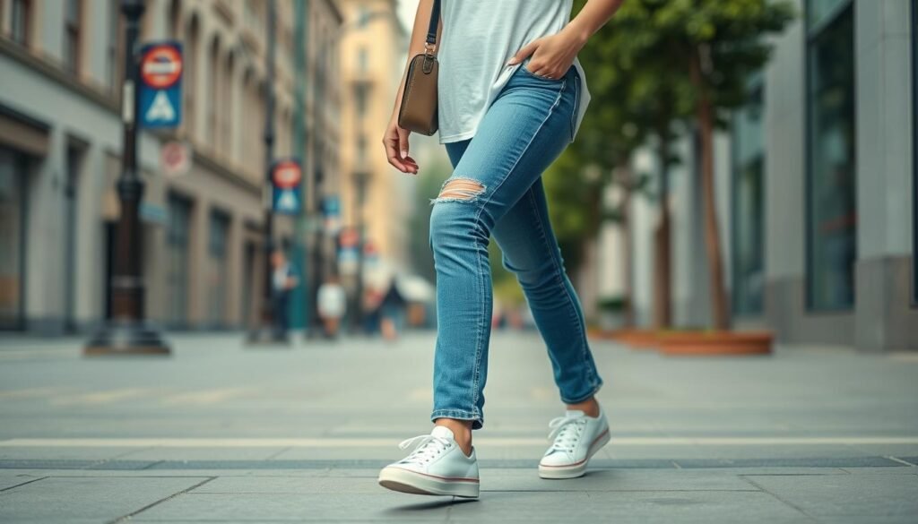 Woman wearing white tennis shoes with jeans and t-shirt for casual look
