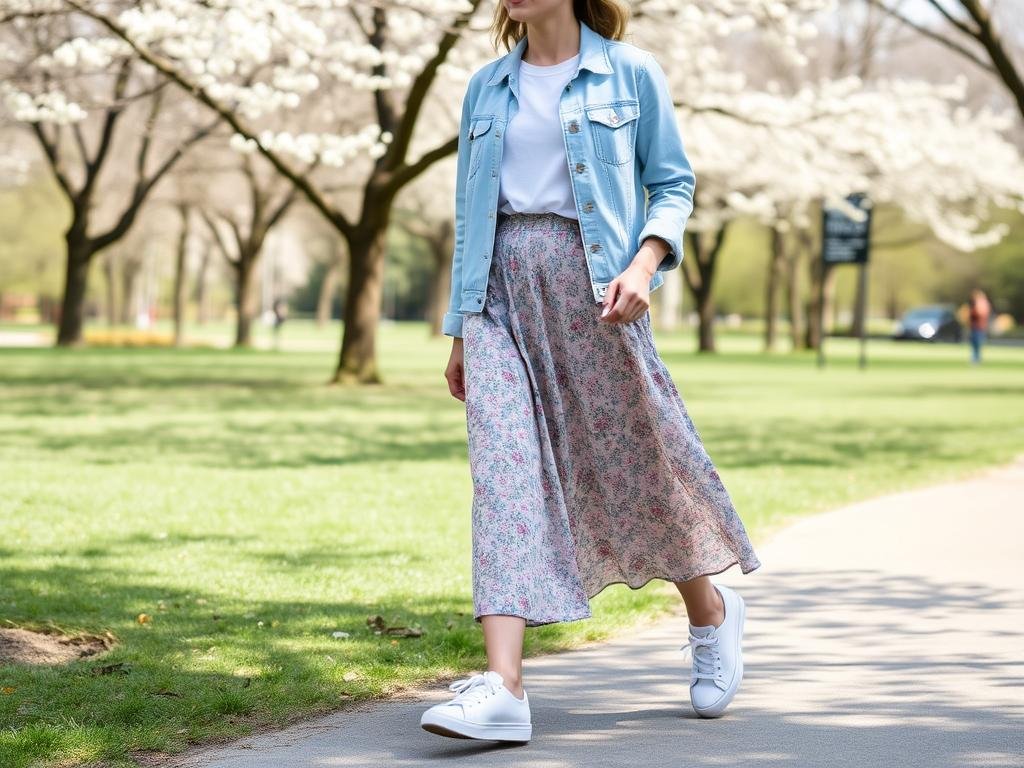 Woman wearing white tennis shoes with spring outfit including floral skirt