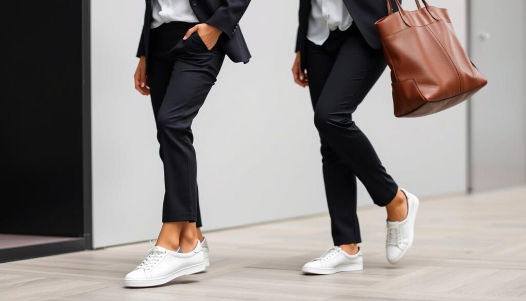 Woman wearing white tennis shoes with tailored pants and blazer for office