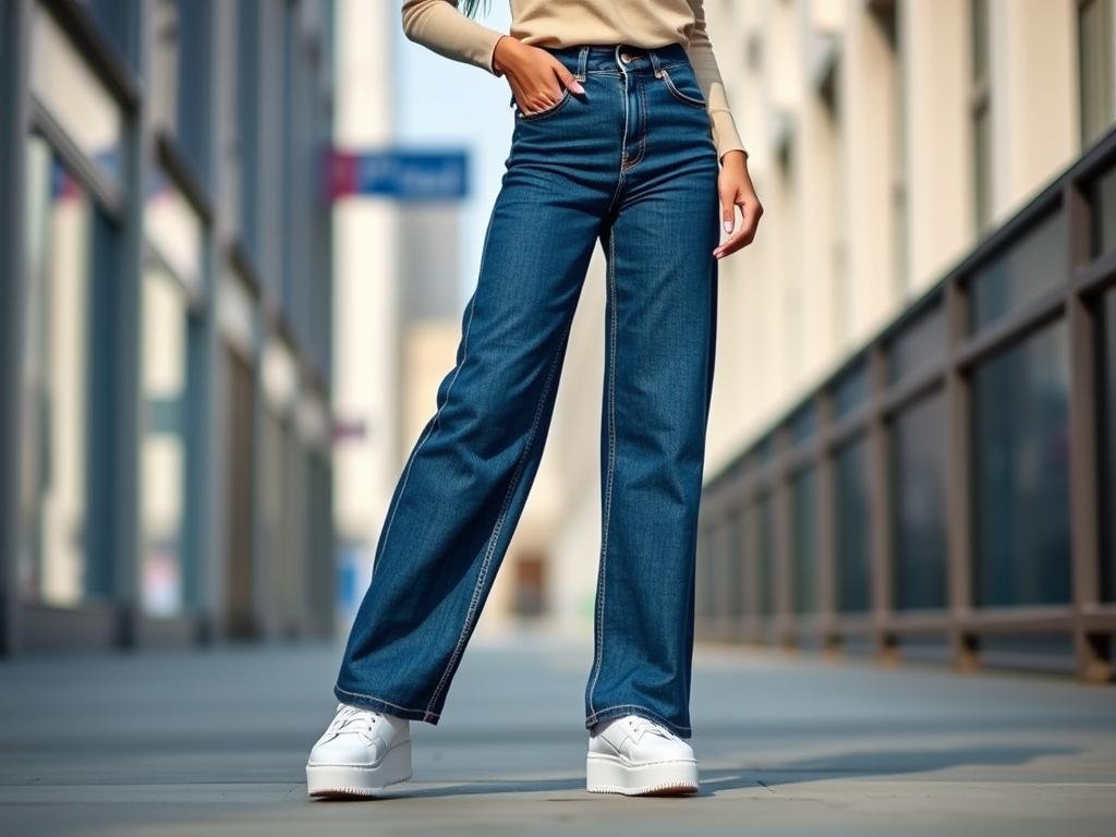 Woman wearing wide leg jeans with platform sneakers for a balanced, trendy outfit