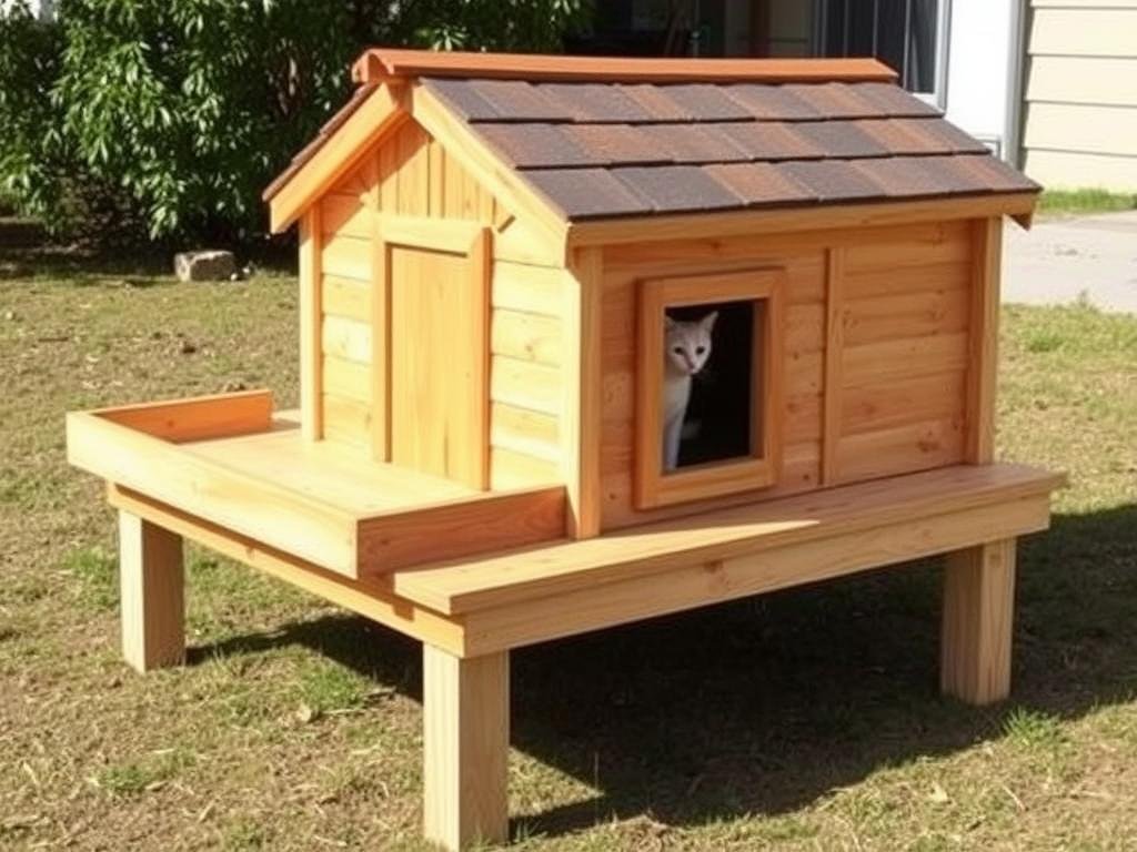 Wooden A-frame cat house with shingled roof and raised platform
