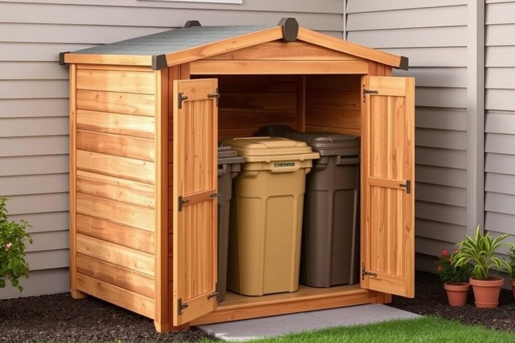 Wooden enclosed garbage can storage outdoor shed with double doors Wooden enclosed garbage can storage outdoor shed with double doors