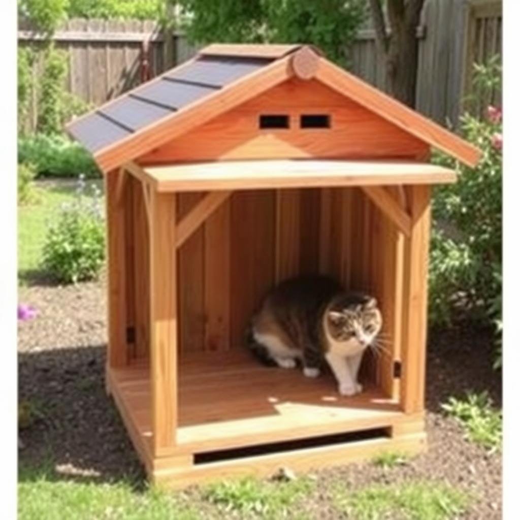 Wooden outdoor cat shelter with small covered porch
