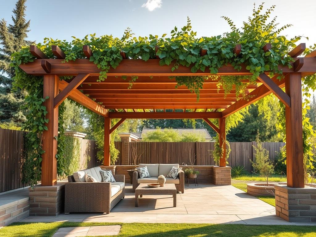 Wooden pergola with climbing plants providing dappled shade over an outdoor patio seating area