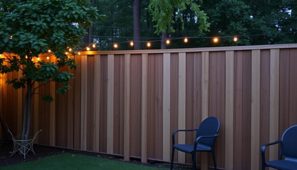 Wooden privacy fence decorated with outdoor string lighting creating a cozy backyard atmosphere Wooden privacy fence decorated with outdoor string lighting creating a cozy backyard atmosphere
