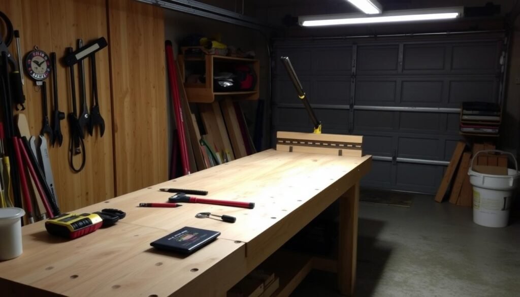 Workbench with adjustable task lighting for detailed project work in garage