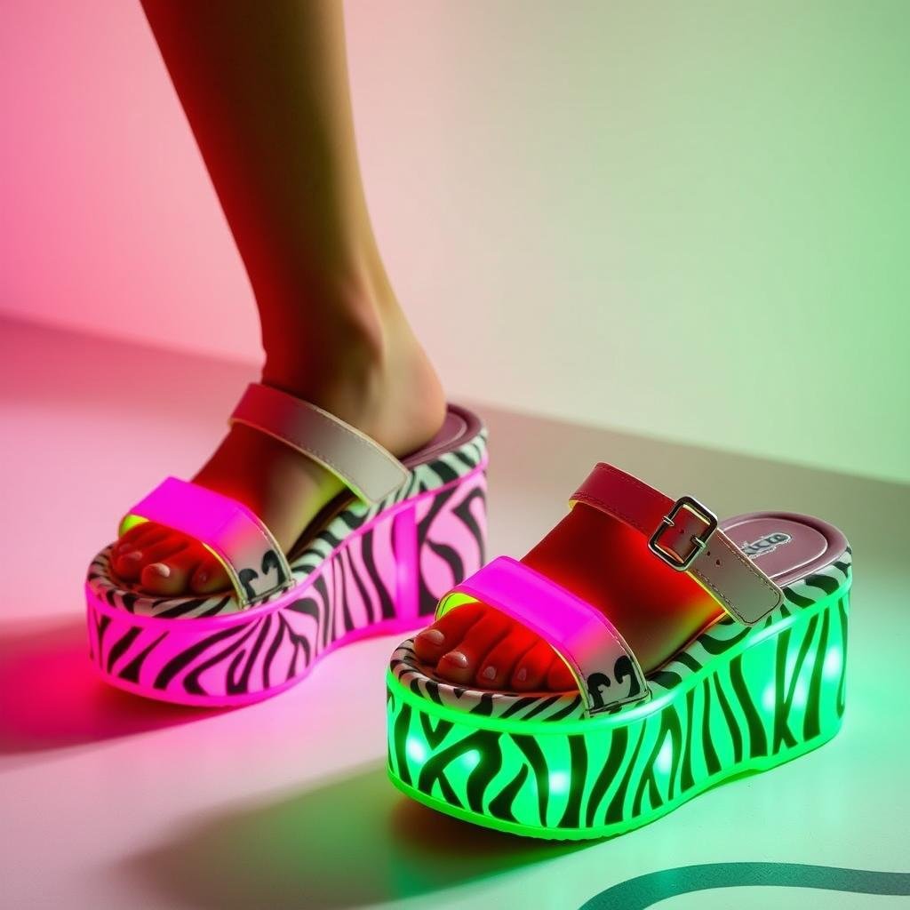 Zebra pattern platform sandals with neon straps, showing how animal prints can be made even funkier