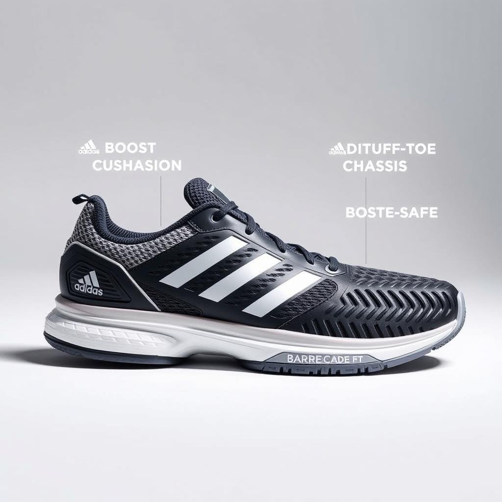 adidas Barricade tennis shoes showing Boost cushioning and stability features