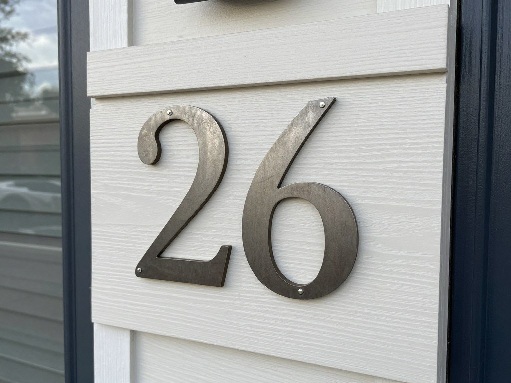 A DIY address sign made from painted wood with modern house numbers
