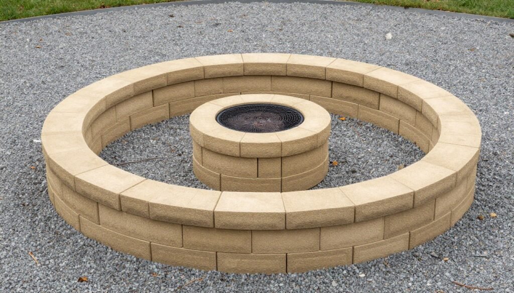 A backyard fire pit made from retaining wall blocks with a gravel base